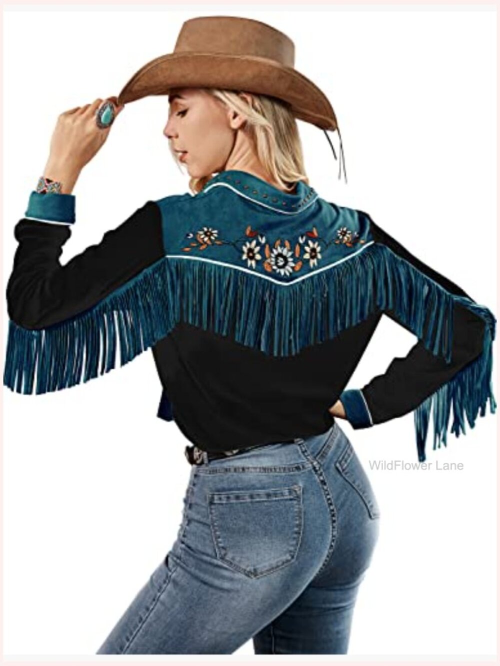 Embroidered Western Button Down Shirt Cowgirl Fringe Long Sleeve Blouses - Picture 2 of 7
